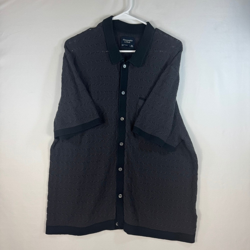 Abercrombie & Fitch Men XXL Black Cable Knit Button Up Short Sleeve Polo Sweater